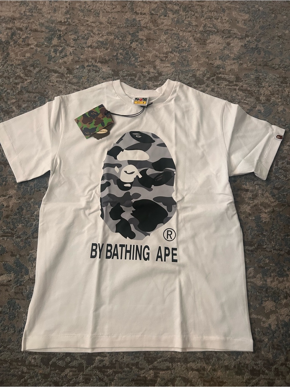 Bape White Short Sleeve Tee with Gray Camo Ape Head